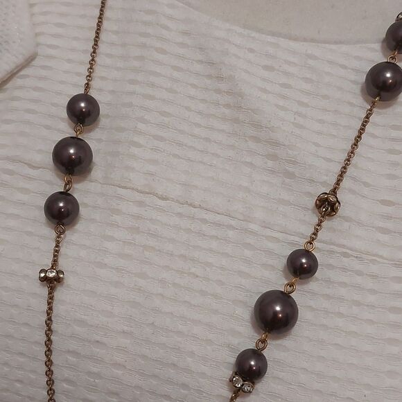 J.Crew Brown Faux Pearls and Gold Tone Asymmetrical Station Necklace - Picture 5 of 7
